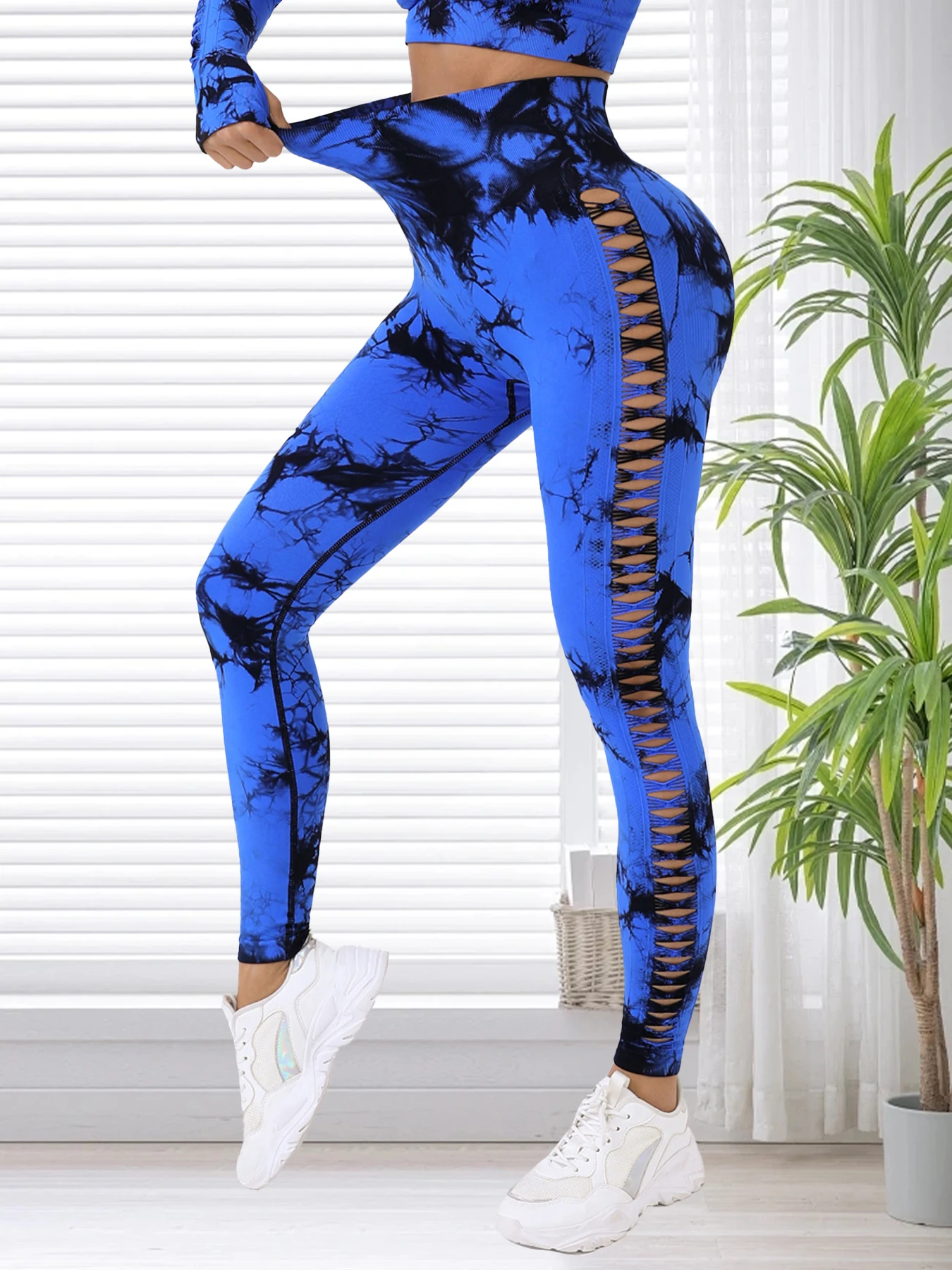 Mulheres sem costura tie dye oco para fora calça esportiva yoga ginásio cintura alta treino leggings elástico feminino activewear