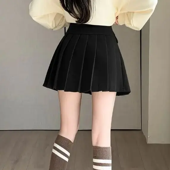 Tweed Geplooide Rok Korte Herfst Winter Half-Body Rok Hoge Taille Dubbele Rij Knopen Mode A-Woord Korte Rok Vrouwen Met Laarzen