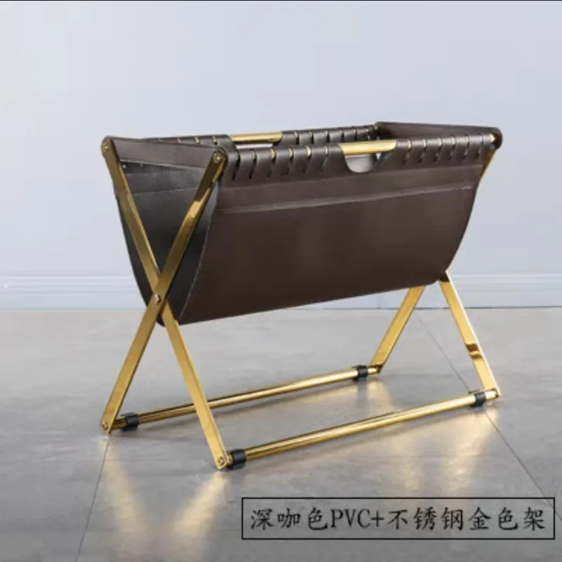 Bookshelf, Hardware PU Leather Magazine Rack, Stainless Steel Storage Rack, Small Bookshelf, Shrink Cross Flower Rack