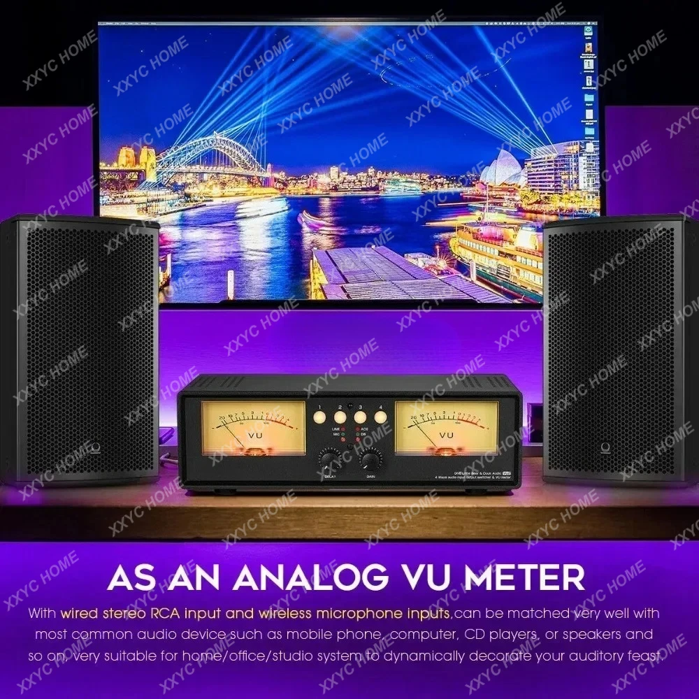Analog Dual VU Meter MIC+LINE Stereo Music Spectrum Display Sound Level Indicator 4-Port Audio Splitter Switcher Box