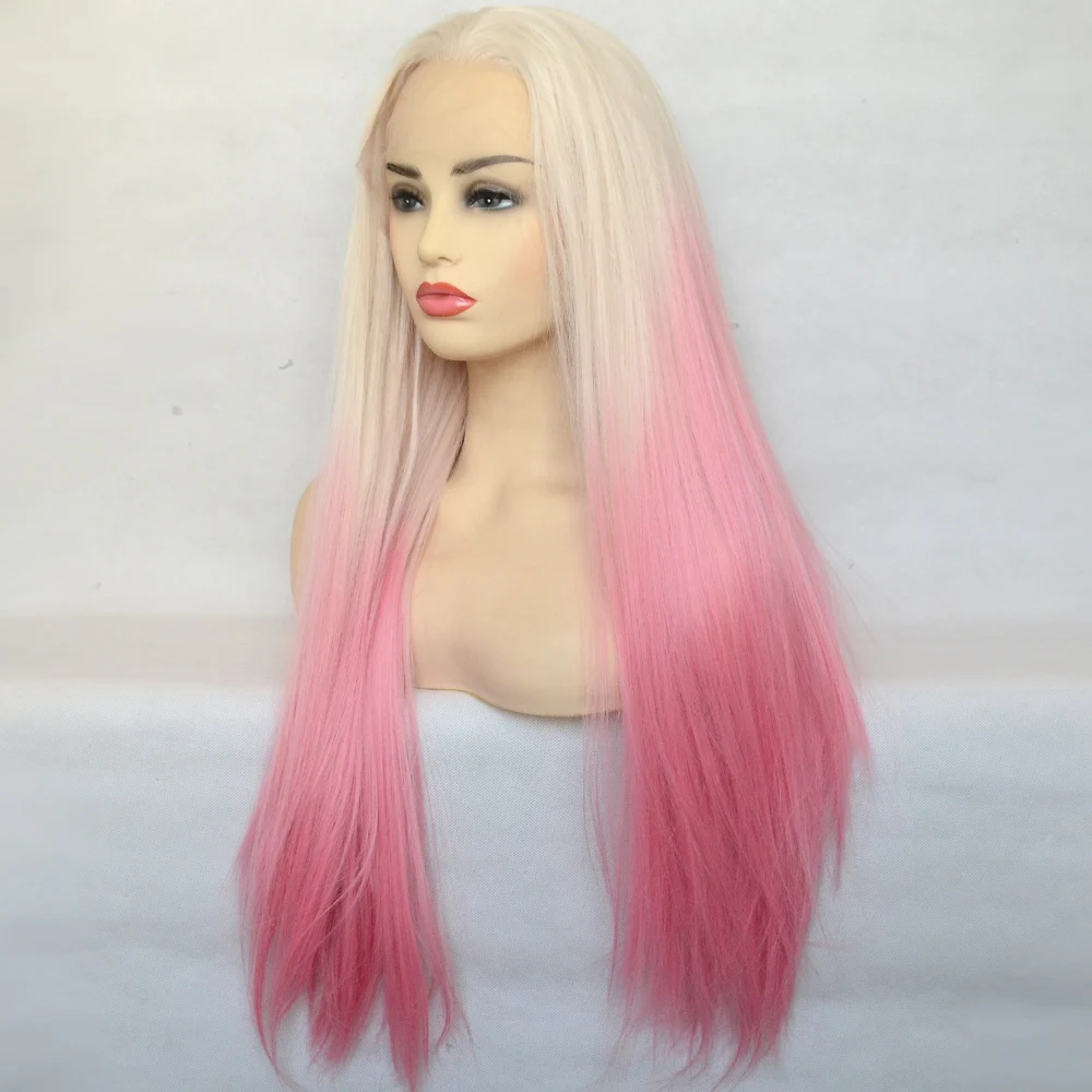 Voguequeen Straight Blonde To Pink Ombre Synthetic Lace Front Silky Wig  Heat Resistant Fiber Cosplay For Women