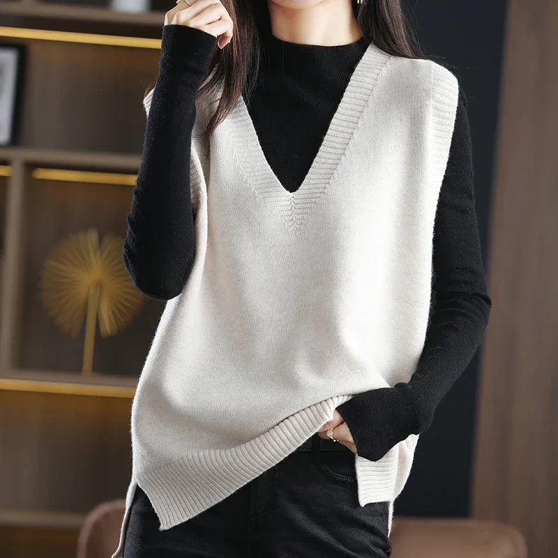 Outerwears V-Neck Black Knitted Women Sweater Vest New Sleeveless Knit Sweater Vest Women Tops Sweaters Sueters De Mujer Q2153