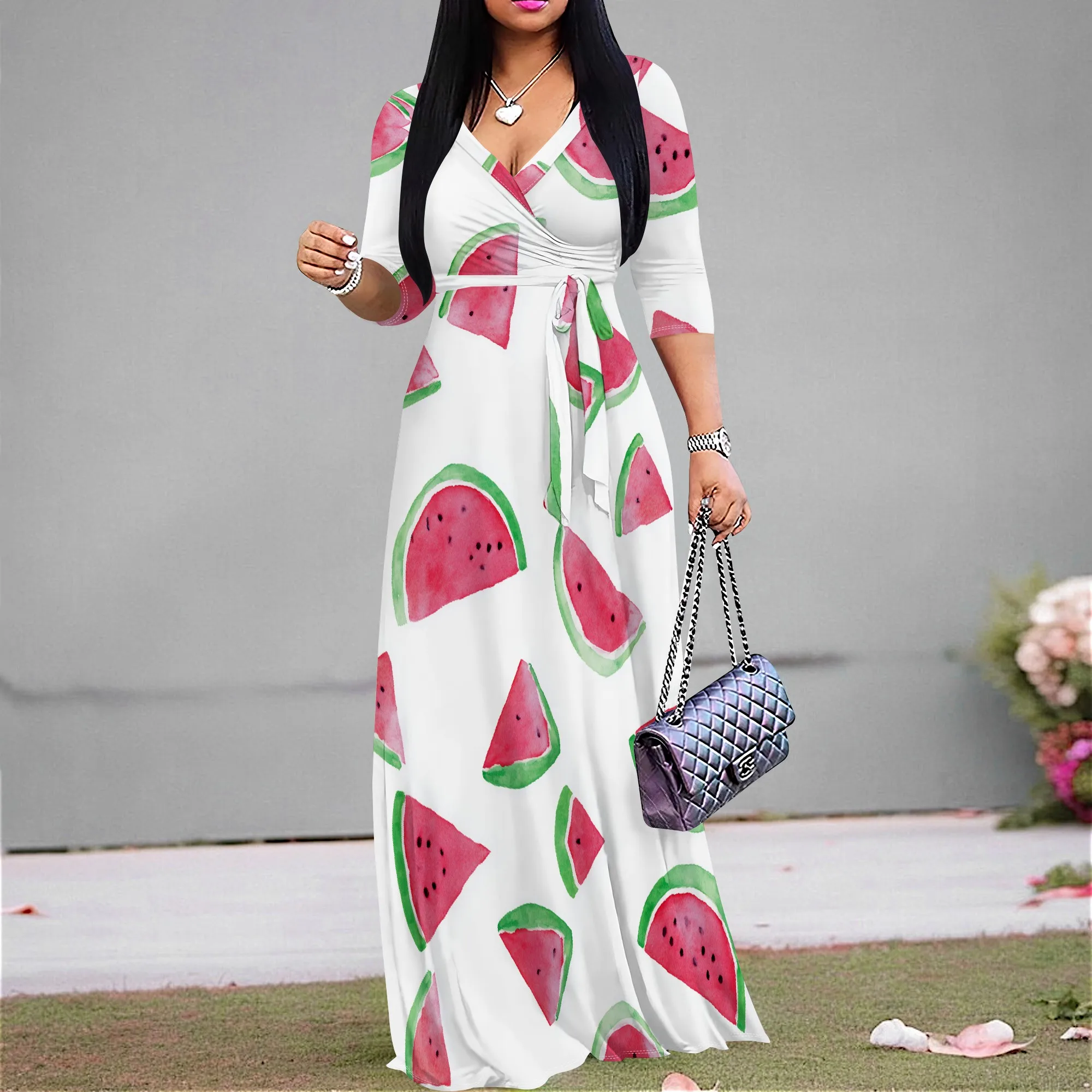 

Watermelon Print Wrap Maxi Dress S-3XL V-Neck Tie Waist Half Sleeve for Beach Vacation, Summer Picnic or Garden Party