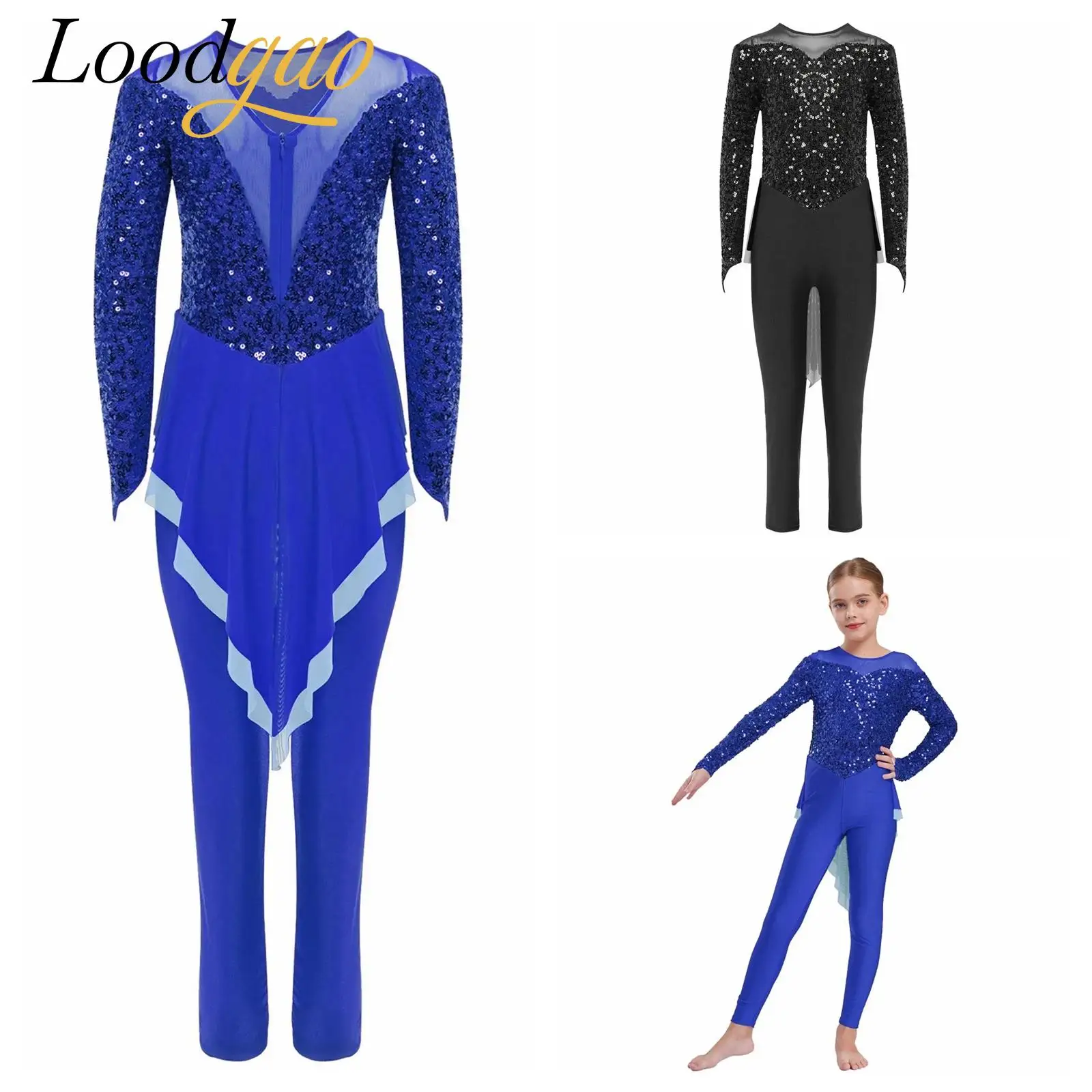 

Kids Figure Skating Jumpsuit Girls Shiny Sequins Long Sleeve Bodysuit Rhythmic GymnasticsSkirted Leotard Ballet Dance Costume