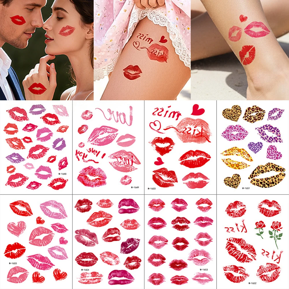 

8/10pcs Valentine's Day Kiss Temporary Tattoo Sticker Sexy Red Lip Heart Love Rose Pattern Waterproof Romantic Body Tattoo Decal