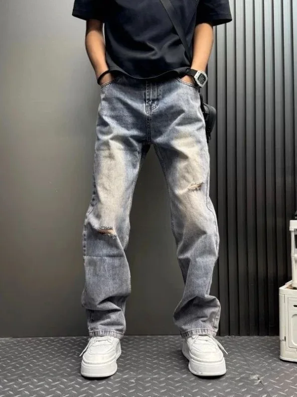 Spring Summer Slim Fit Vintage American High Street Loose Jeans Destructed Slimming Drapey Design Straight Leg Pants