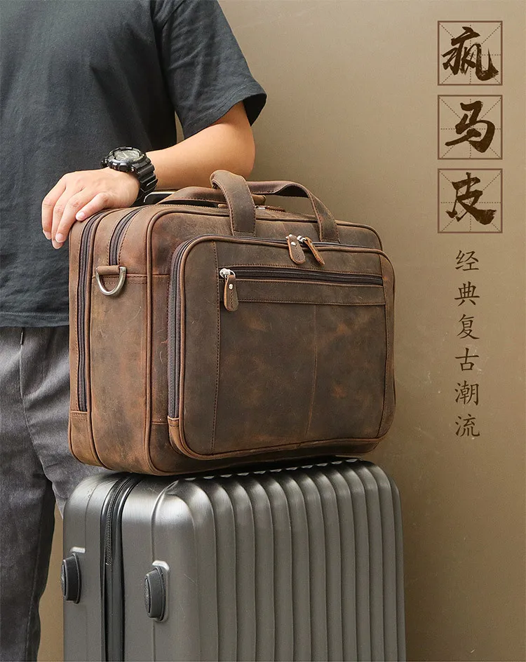 High Quality Genuine Leather Men Briefcase Business Bag Crazy Horse Leather Large 17'inch Laptop Bag Male Portfolio Office Case