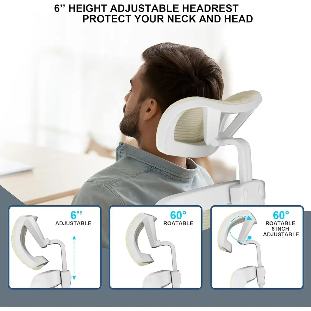 كرسي مكتب مريح عالي الظهر مع مسند رأس قابل للتعديل ودعم قطني وأذرع قابلة للطي (بيج حديث)