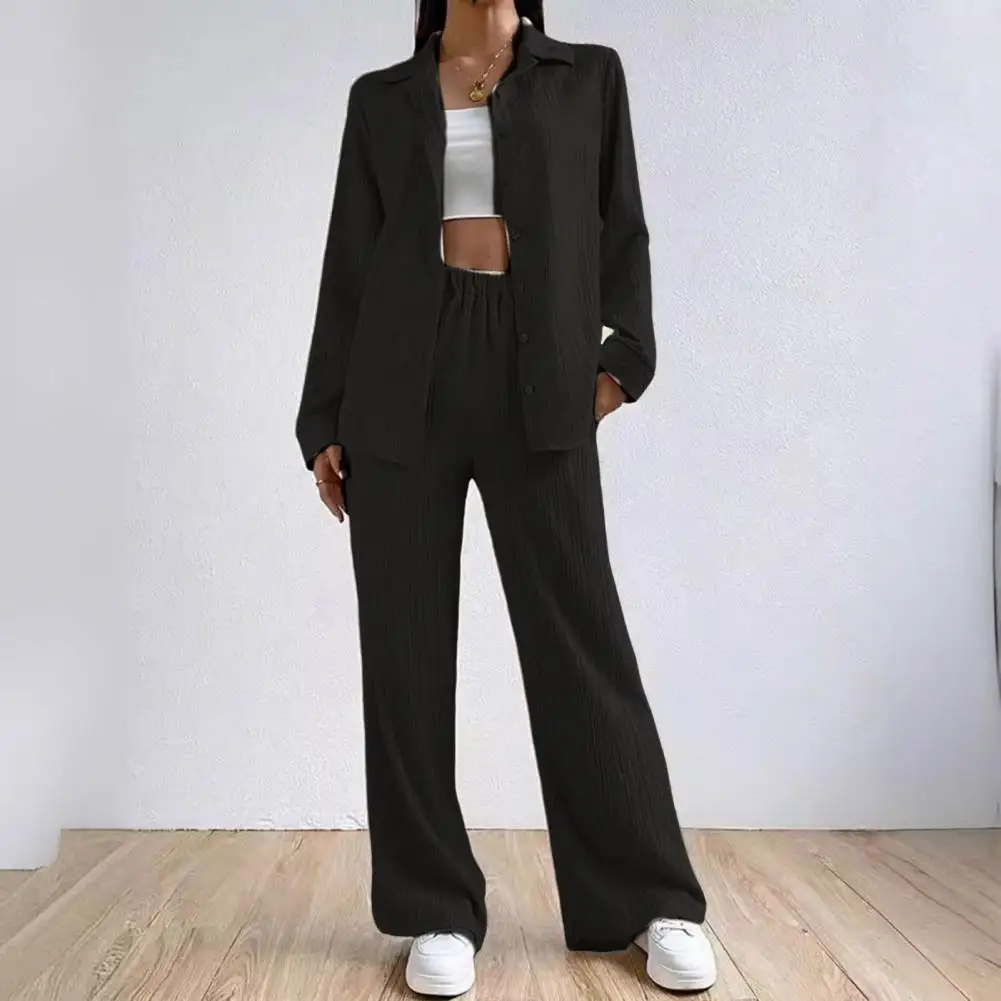 

Solid Color Two-piece Suit Stylish Women's Shirt Pants Set with Loose Lapel Blouse High Elastic Waist Trousers Wide for Daily