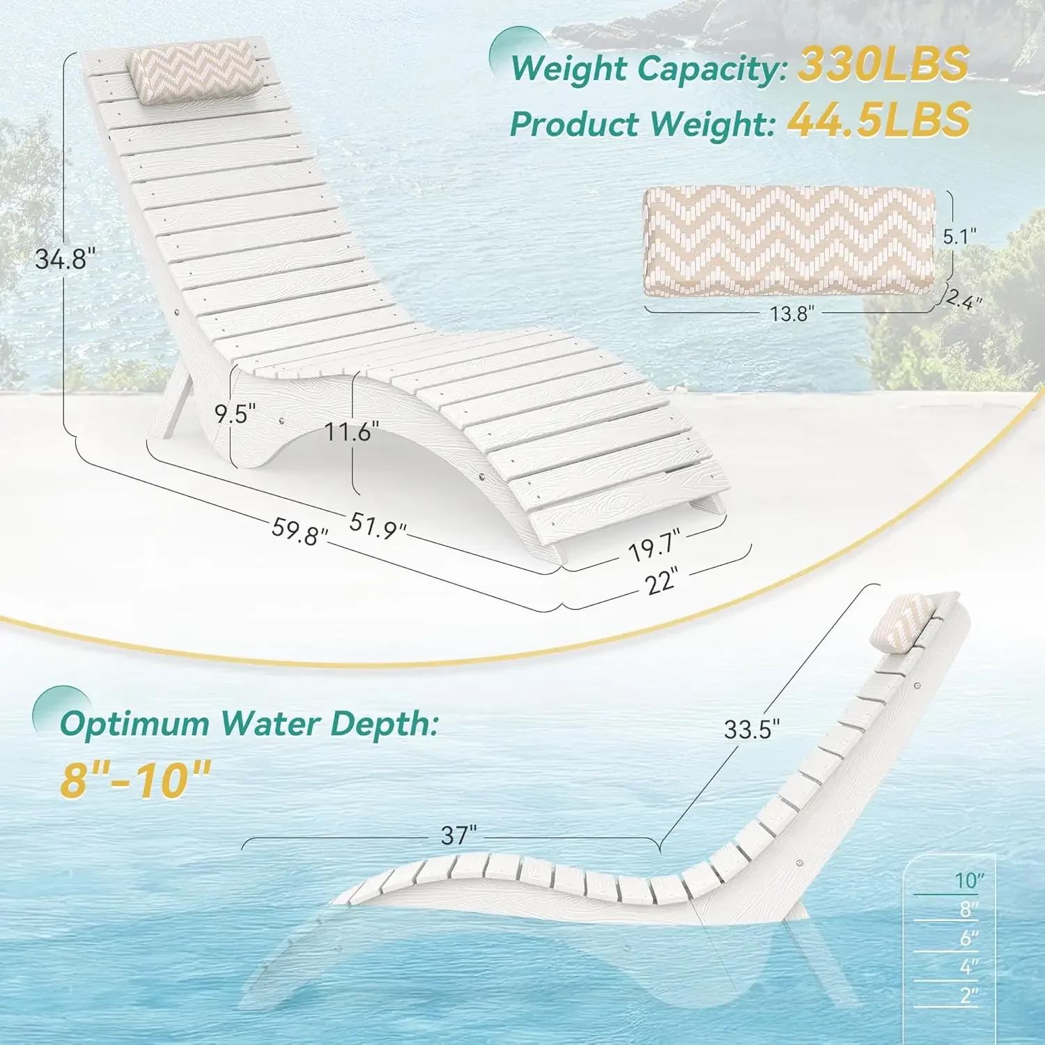 Pool Lounge Chairs Set of 2 - Anti-Floating HDPS Design, Aquawave Lounge Chair with Headrest, Weighted Pool Chairs, Customized