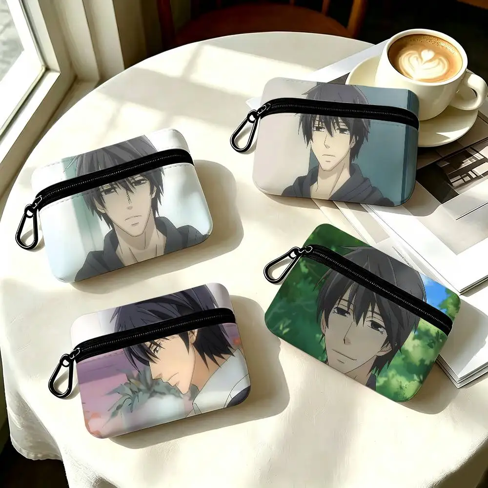 1 unidad. Monedero con motivos de personajes de anime de Nowaki Kusama, con mosquetón, llavero y compartimento para tarjetas, pequeño bolsillo con cremallera para guardar objetos.