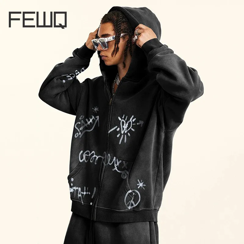 FEWQ Men's Wear Sweatshirts Graffiti Hand Painted Velvet Hooded Big Pocket Contrast Color Loose Zipper Male Hoodies 2025 24K1143