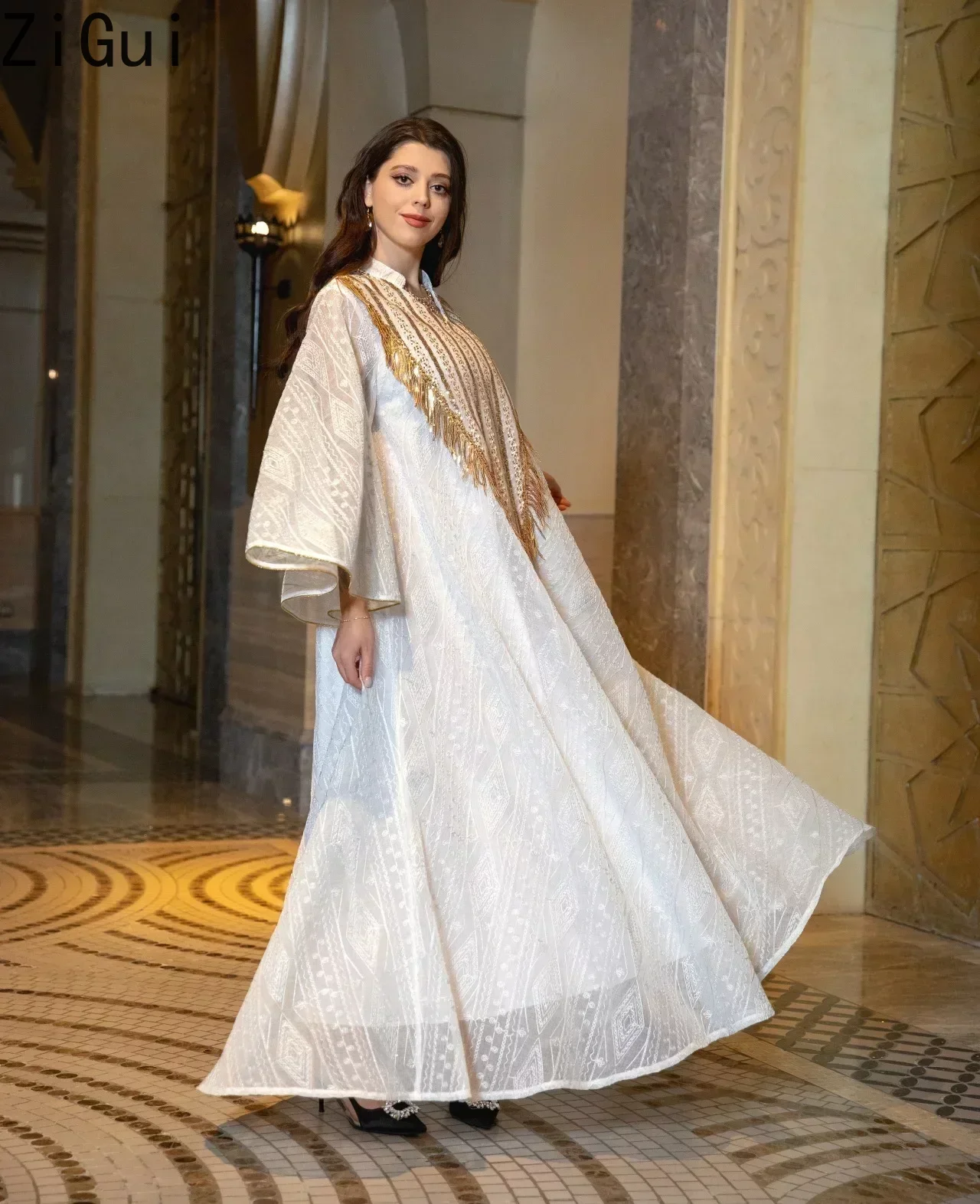 Caftan Moroccan Dress Flare Sleeve Embroidery Chiffon Lace Sequins Tassel Dubai Luxury Dresses Saudi Arabia Muslim Evening Gown