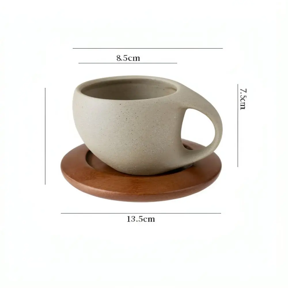 Unique Crescent Design Coffee Mug And Wood Saucer Set Retro Coarse Ceramic Tea Cup Luxury Home Office Decorative Drinkware