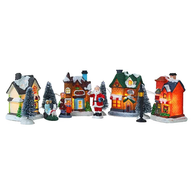 Christmas New Arrivals Luminous Little House 10 Piece Set Ornaments Resin Drifting Snow Christmas Decorations With LED Lights