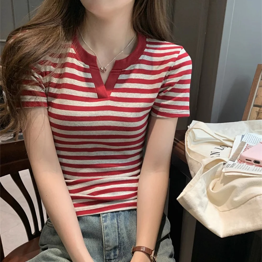 Korean Style Regular Shoulder V-Neck Contrast Color Striped T-shirt Women's Slim Fit Half Open Collar Short Sleeve T-shirt