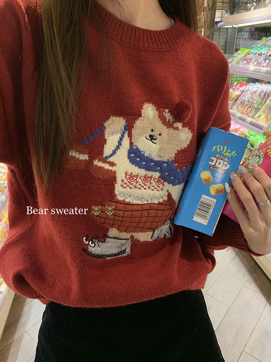 Cute Bear Embroidery Jacquard Xmas Sweater Women Spring Autumn Knit Pullover Loose Knitwears Cashmere High Quality Korean Jumper