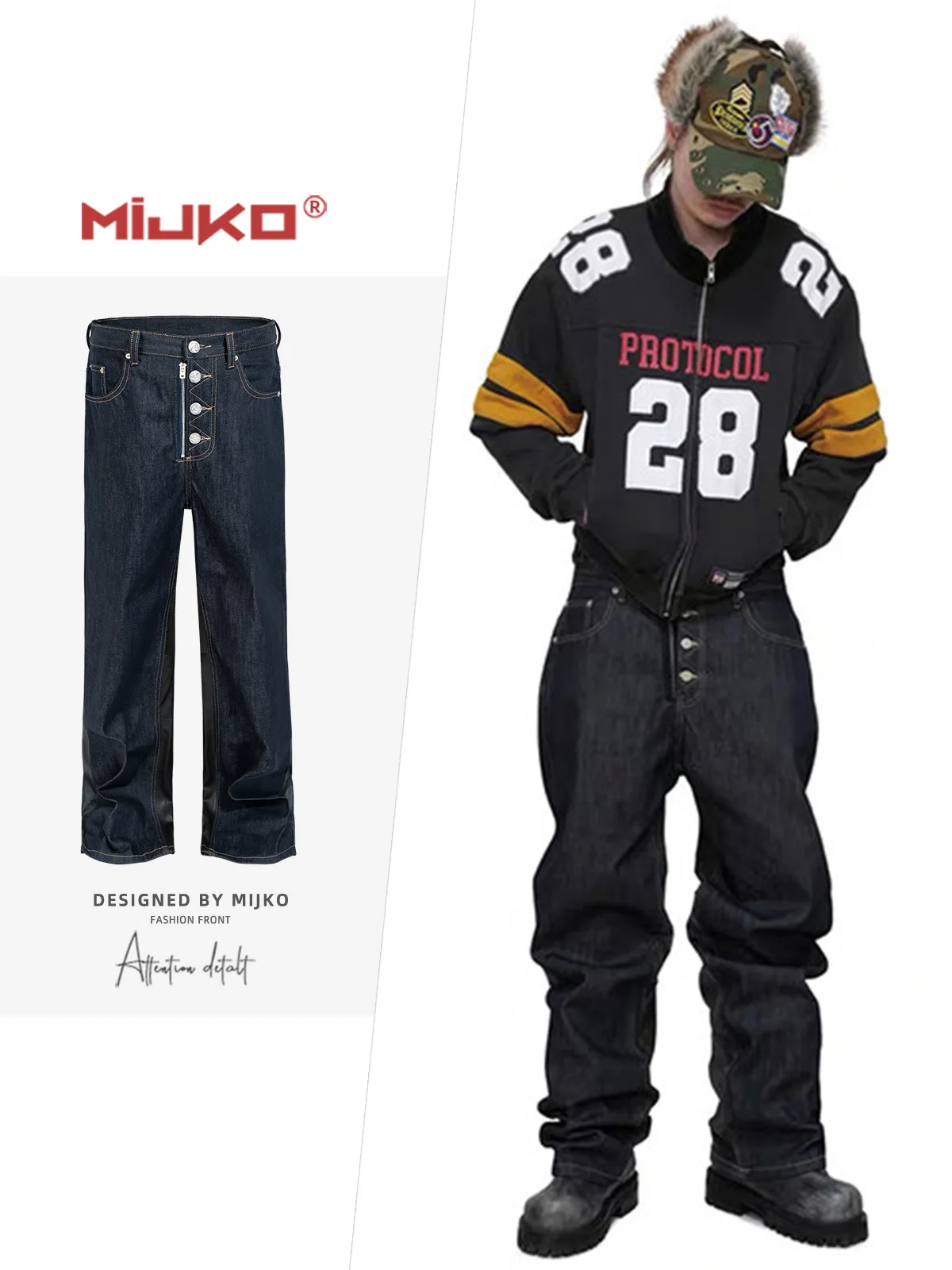 

MIJKO Patchwork Leather Button Baggy Original Jeans TJ182