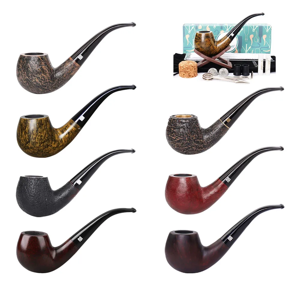 Briar wood Smoke Pipe curved handle 9mm Carbon filter Multi-color optional handmade tobacco pipe with a set of cleaning tools