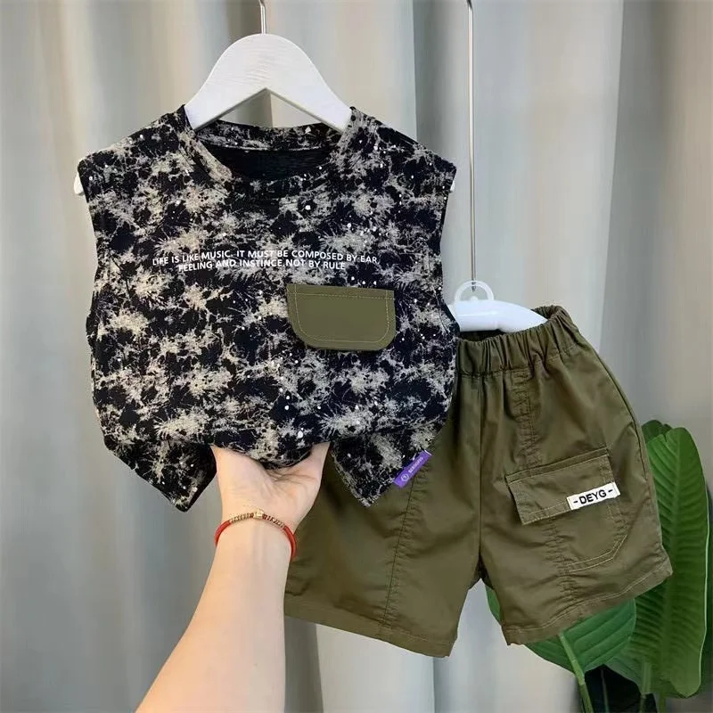 

Boys Summer Cotton Vest Set New Fashionable Baby kid Handsome Fashion Sleeveless T-shirt Shorts 2pcs Set Children's Clothing Set