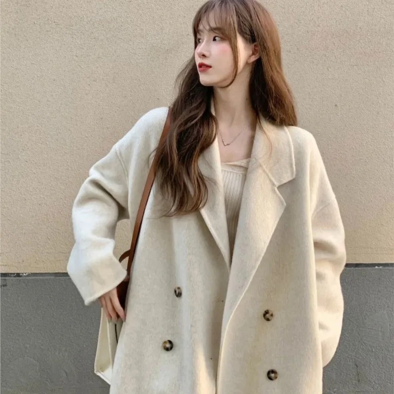 Women's Autumn Winter Woolen Coat Thickened Korean Temperament Loose Mid-length Oatmeal Woolen Coat Simple Wool Oversized Coat