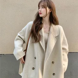 Cappotto di lana autunno inverno da donna addensato temperamento coreano sciolto cappotto di lana di farina d'avena di media lunghezza cappotto oversize di lana semplice