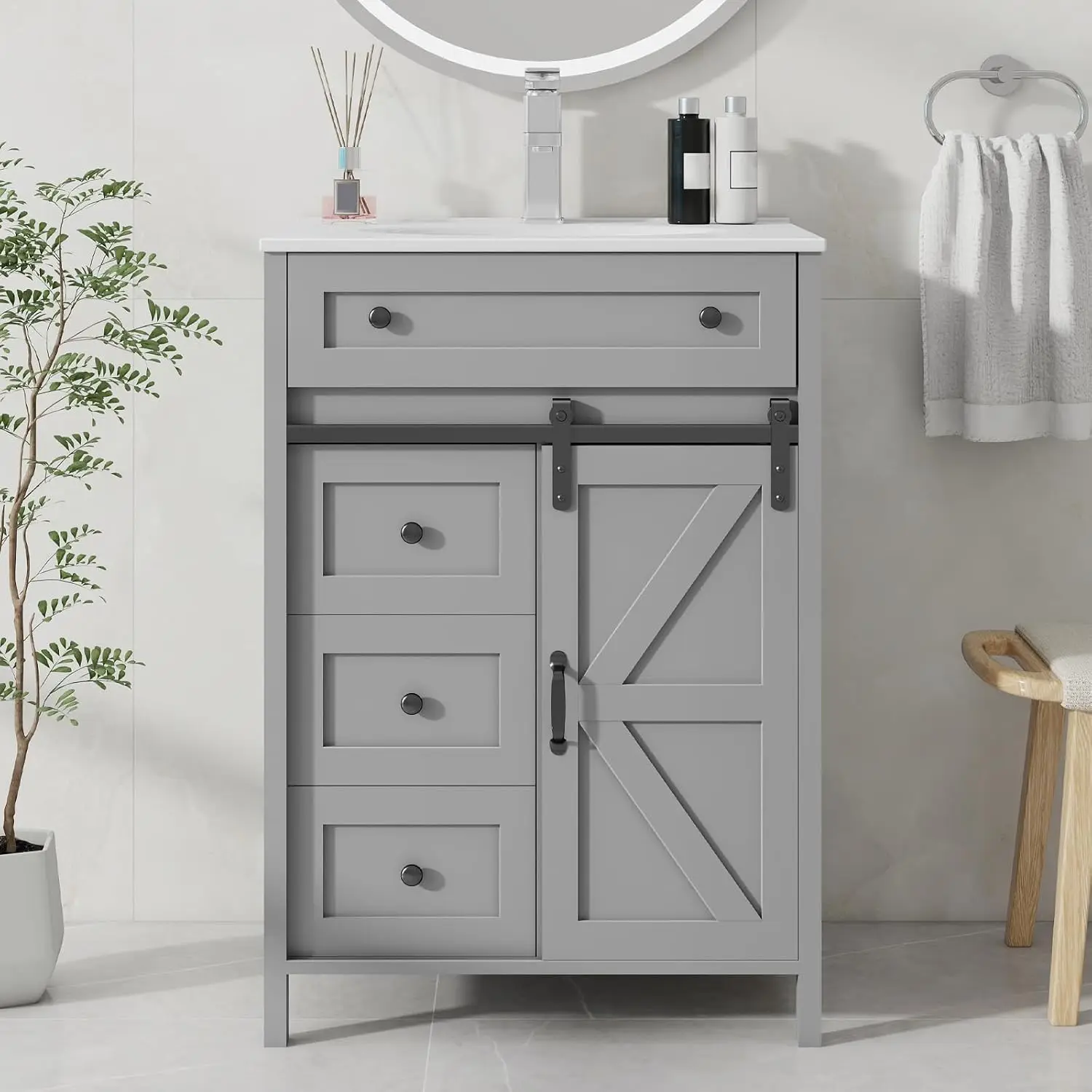 24 Inch Bathroom Vanity with Sink Combo and Sliding Door, Freestanding Bathroom Storage Cabinet with 4 Drawers,, Customized