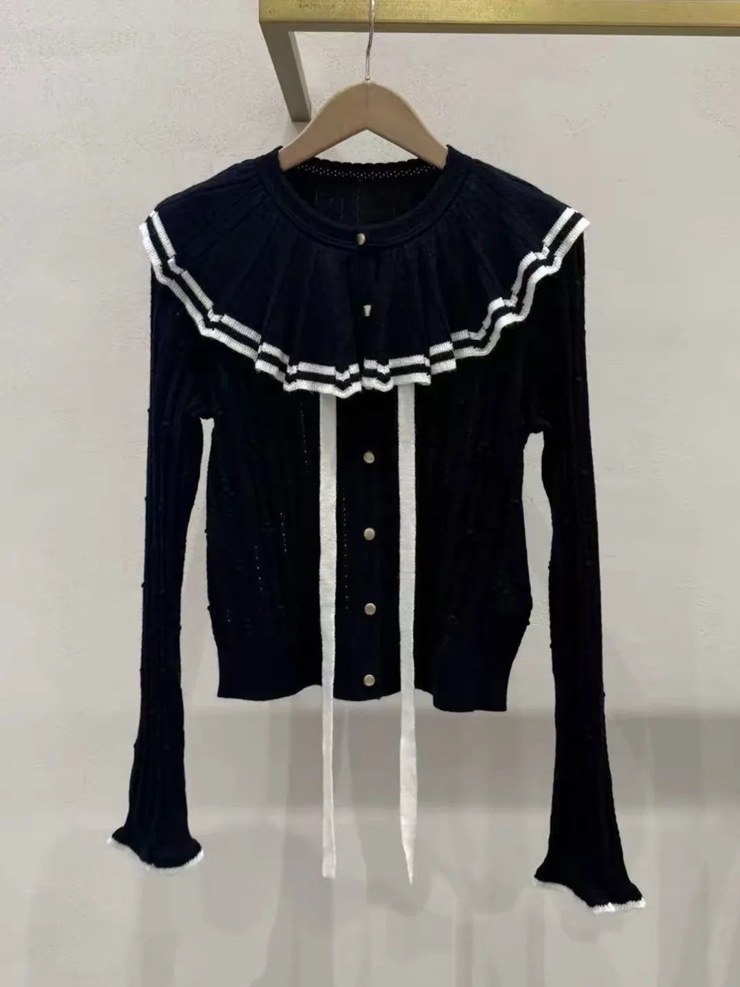 High-End Version European Style Blue Striped Hemmed Knitted Cardigan Top with Bow Tie French Style Women's Premium Knitwear