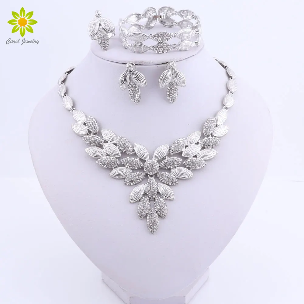 Dubai Jewelry Sets Wedding Jewelry Sets for Bride Silver Color Women Necklace Earrings Bracelet Ring Fashion Jewelry Gifts