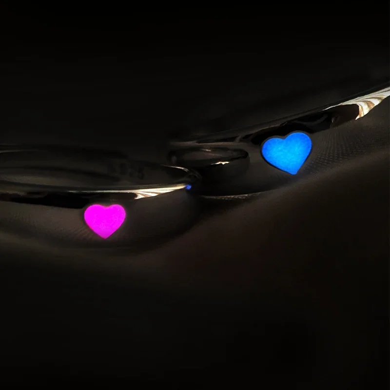 Fashion Blue Love Heart Luminous Ring for Women Men Fluorescent Ring Glow In Dark Adjustable Couple Finger Rings Jewelry Gifts