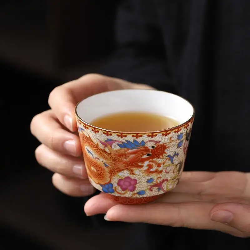 Chinese Vintage Enamel Colored Tea Cup Master Cup Single Cup Dragon Phoenix Pair Cup Kung Fu Tea Cup Set