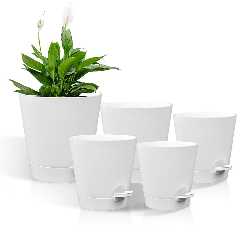 5 Pack 5 Inch Self Watering Pots For Indoor Plants, Flower Pots Planter With Drainage Holes And Wick Rope Green Easy To Use