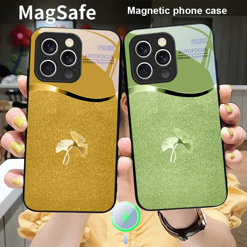 

Pink gradient ginkgo For iPhone 16 E 15 14 13 Plus 12 mini 11 Pro Max XR Xs Max 16E X 7 8 Plus 2022 Magsafe Glass Phone Case