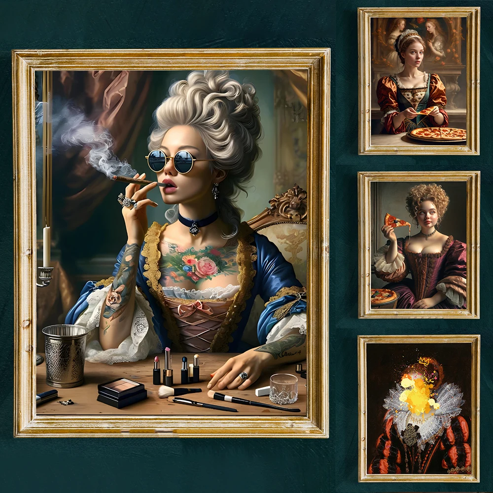 French Rococo Tattoo Altered Art Print Wall Art Baroque Canvas Painting Vintage Pizza Renaissance Art Poster Dinning Room Decor