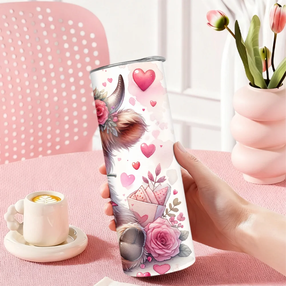 1pc 20oz straw water bottle, insulated stainless steel water cup with a cow wearing a wreath, rose, and heart pattern. view 2