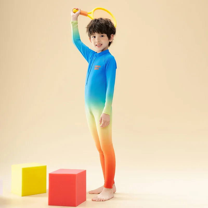 Boy One Piece Swimwear Long Shirt Pants Rash Guard with Skirt Pink Gradient Solid Wetsuit 3-12 Years