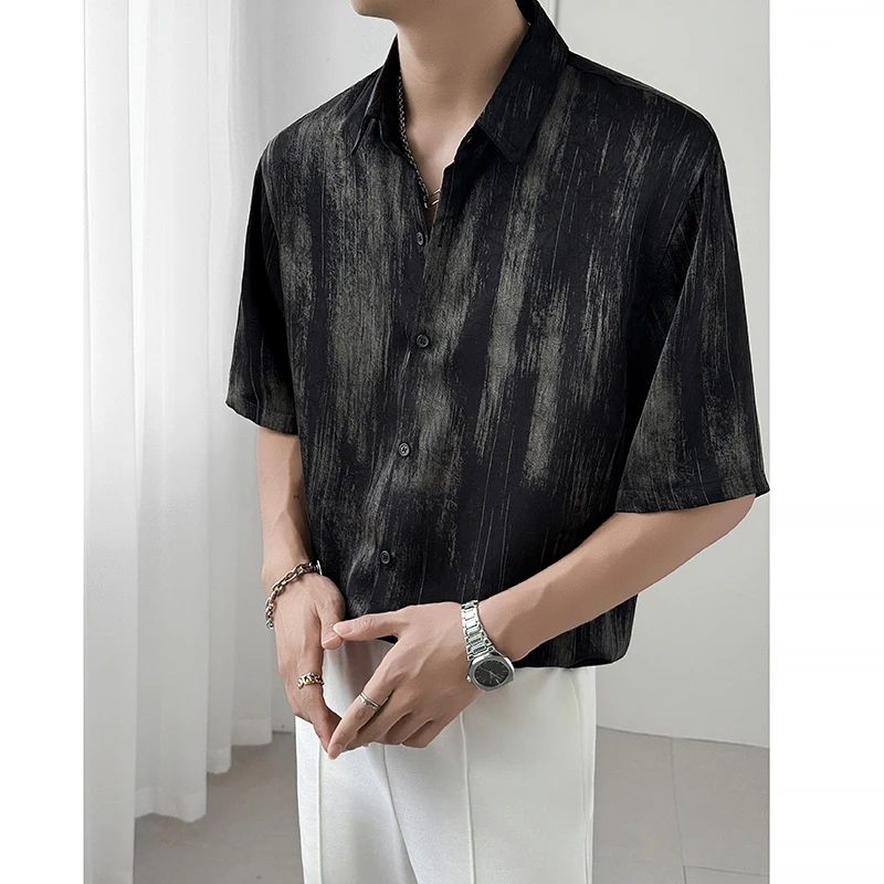 

2025 Summer Tie Dye Ice Silk Short Sleeved Shirt Men Trendy Loose Versatile Street Wear Social Shirts Men Clothing Hot Sales