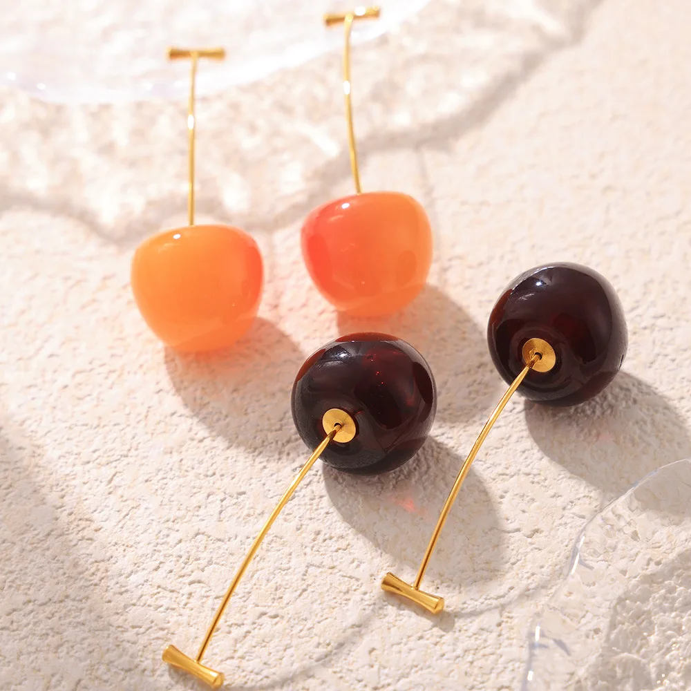 Cute Cherry Earrings for Women Girl Stainless Steel Gold Plated Resin Pendant Summer Earrings Shiny Ear Stud Charm Jewelry