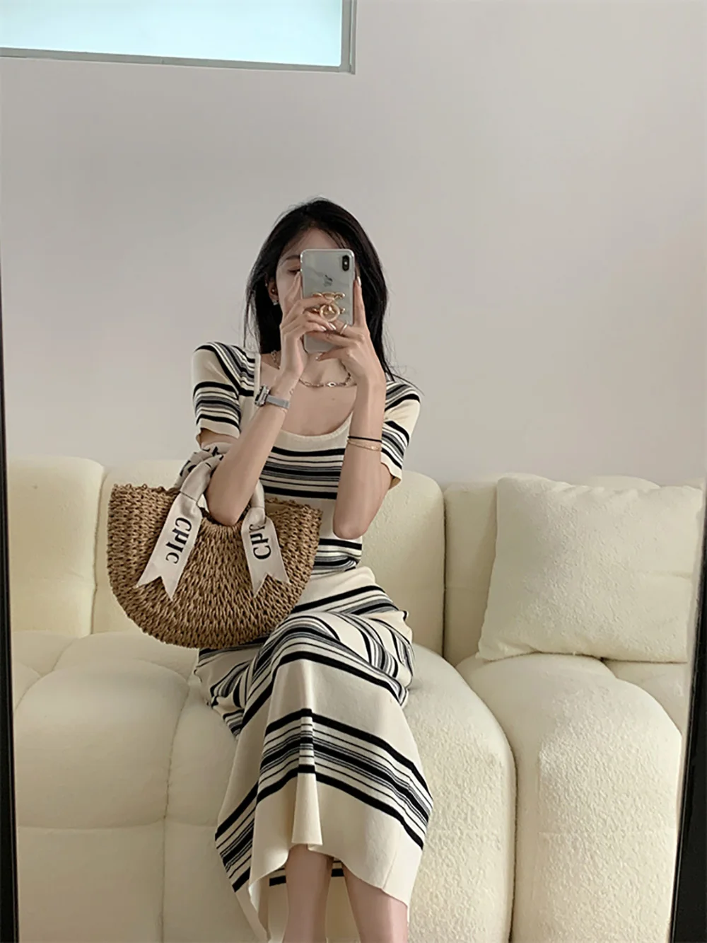 Retro Striped Knee-Length Knitted Short-Sleeve Dress Women's Summer New Sweet Elegantly Slimming Bodycon Dress Square Collar