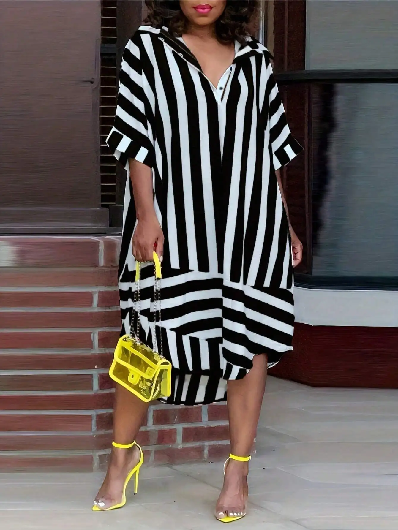 

Plus Size Striped Short Front Long Back Casual Shirt Dress Black White Summer