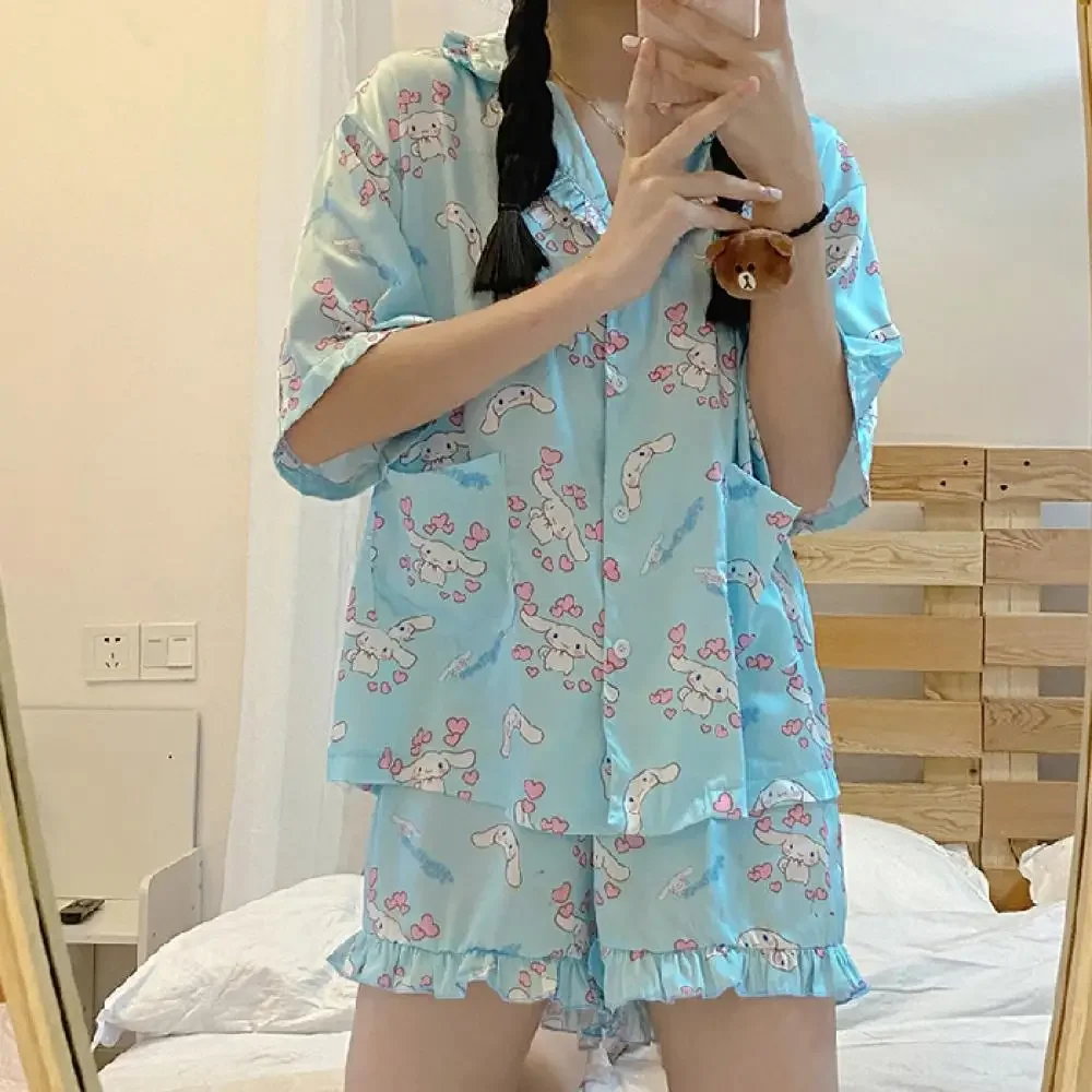 Cartoon Kuromi Pajamas Suit Sanrioed Hello Kitty Cotton Summer Homeclothes Anime Casual Short Sleeves Shorts Student Dormitory