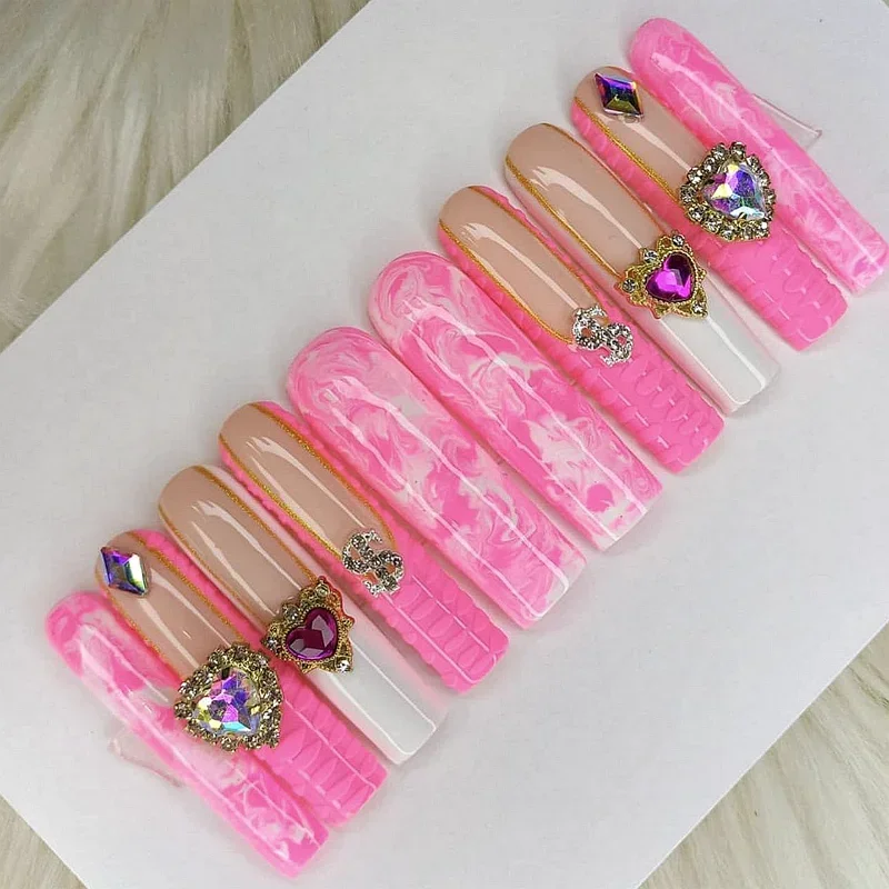 Handmade 5CM XXXL Long Press On Nails Y2K Glitter Rhinestone False Nails Reusable Thick Acrylic Fake Nail With Glue Manicure