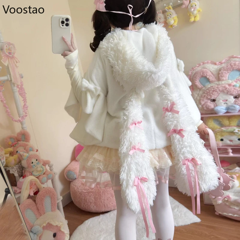 Japonais doux oreilles de lapin Lolita manteau à capuche automne hiver femmes Kawaii peluche Patchwork Capes manteau femme chaud châle pardessus