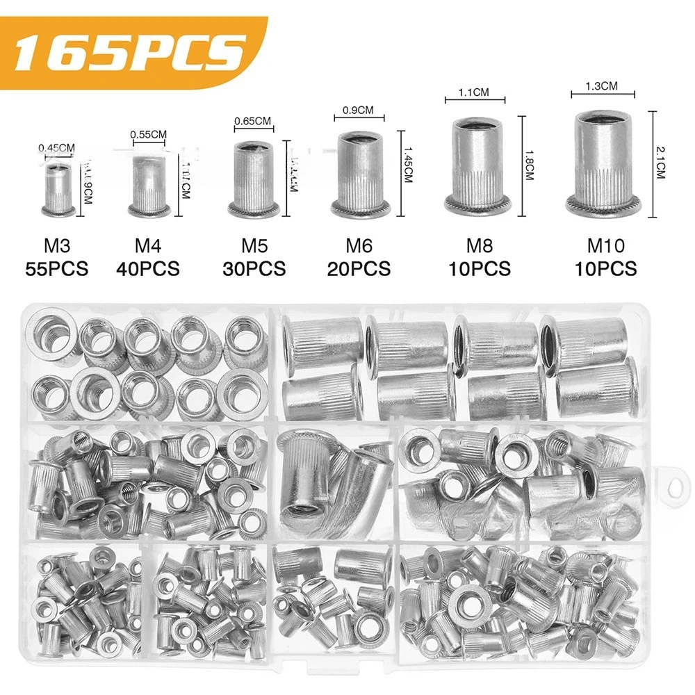 165pcs M3-M10 Aluminum Rivet Nuts Kit, Flat Head Knurled Threaded Inserts for Metal Fabrication/Automotive Repair