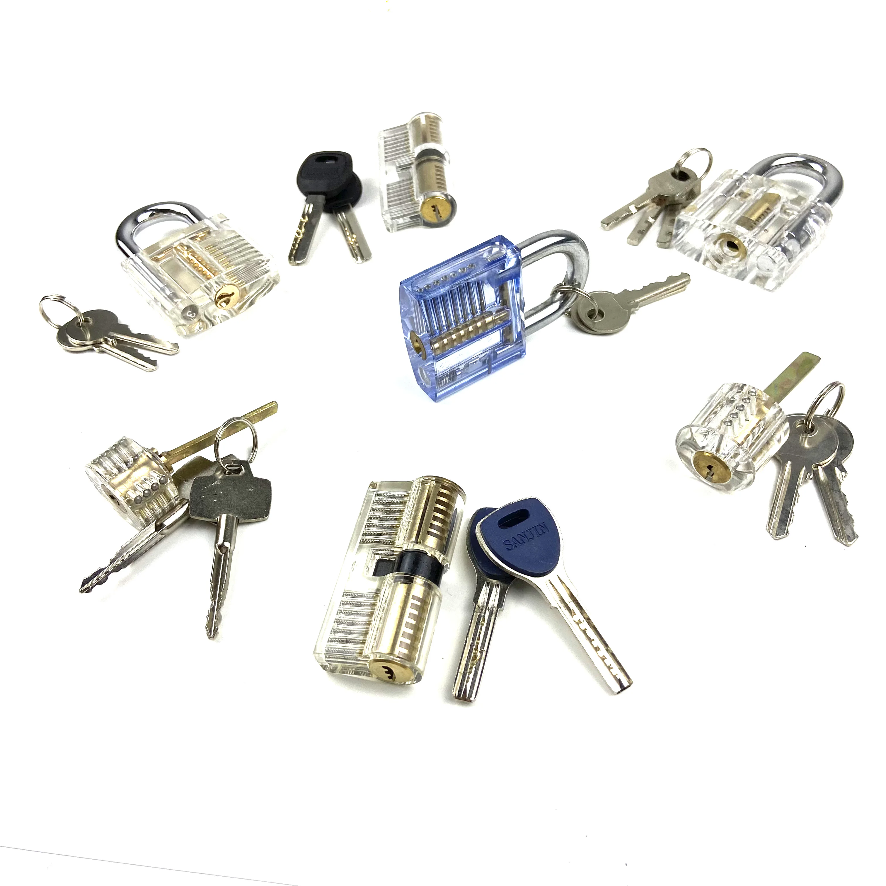 7pcs Transparent Lock Practice Lock for Locksmith and Beginner,Padlock AB Lock One Word Lock and Civil Lock with Keys