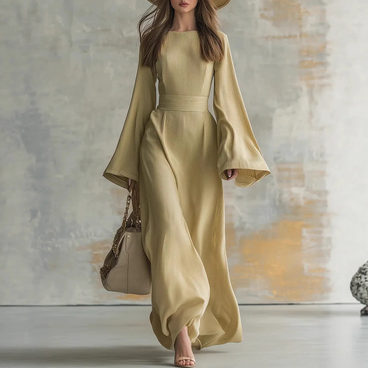 Elegantes Damen-Maxikleid mit Hoher Taille, Rundhalsausschnitt und Faltentextur, Modisches A-Linien-Kleid, Einfaches Sommer-Urlaubskleid