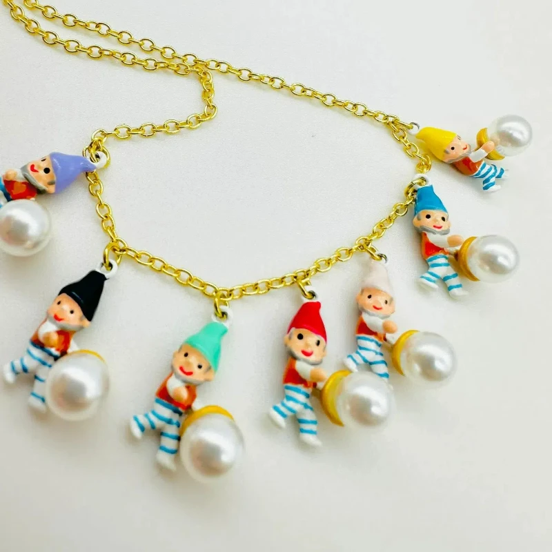 

French Hand-painted Enamel Snow White Dwarf Seven-color Hat Holding Pearls Fairy Tale Character Element Charms Sweater Necklace