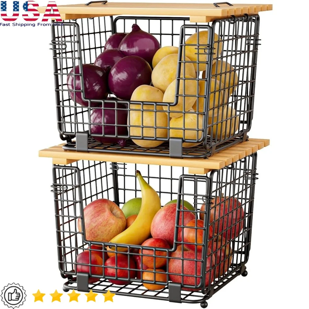 

Stackable Wire Storage Basket Kitchen Organizer Pantry Bin Vegetable Fruit Holder Quick Installation Multi-Purpose Countertop