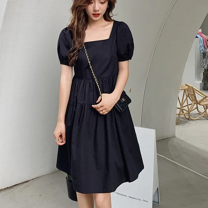 Ele Summer Midi Dr Women's Korean Sle Loose Square Collar Hepburn Sle  Knot Skirt Cotton Bubble Sve A-...