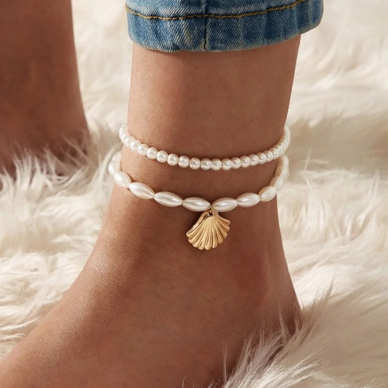 Fashion 2PCs Double Layer Imitation Pearl Stackable Anklet With Shell Pendant Women Party Anklet Simple Jewelry Gift Wholesale